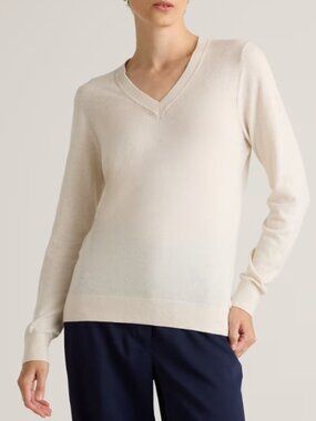 Quince FLAW Lightweight Cotton Cashmere V-Neck Sweater Heather Bone S NWT